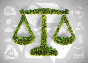 Ecology balance - 3d illustration with ecology icons on grey wooden background.